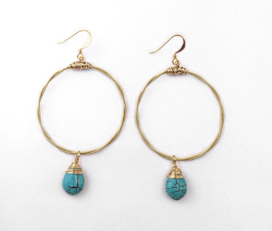 Guitar String Hoops- Choose Size & Gemstone (Shown: Turquoise /Large)- Gold Earrings- Dangle Earrings- Gemstone earrings- Light Earrings