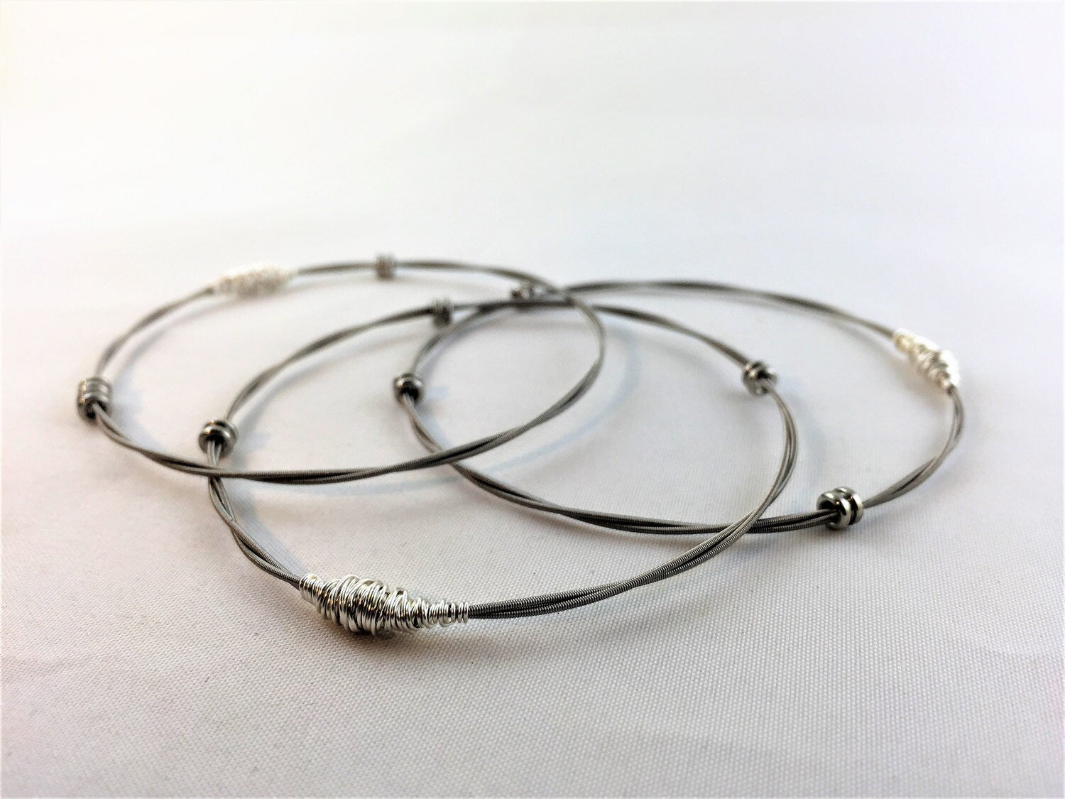 Guitar String Bracelets-Set of 3-Bangles-Stackable-Recycled Guitar String Jewelry- Choose Your Metal-Plain, Lightweight, Stacking Bracelets