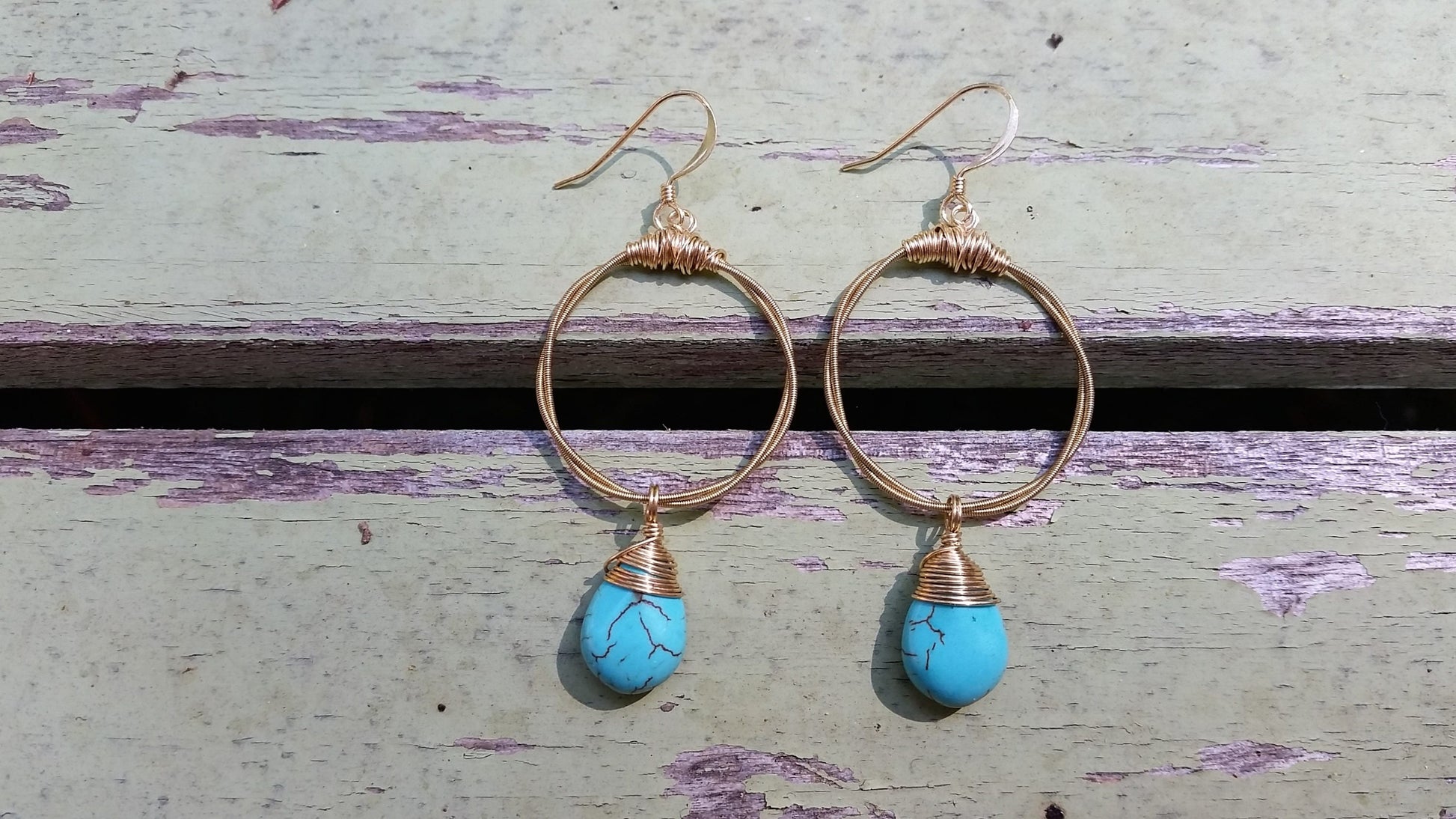 Guitar String Hoop Earrings- Choose your Size and Gemstone (Shown: Turquoise/Small)- Handmade out of Recycled Guitar Strings from NOLA