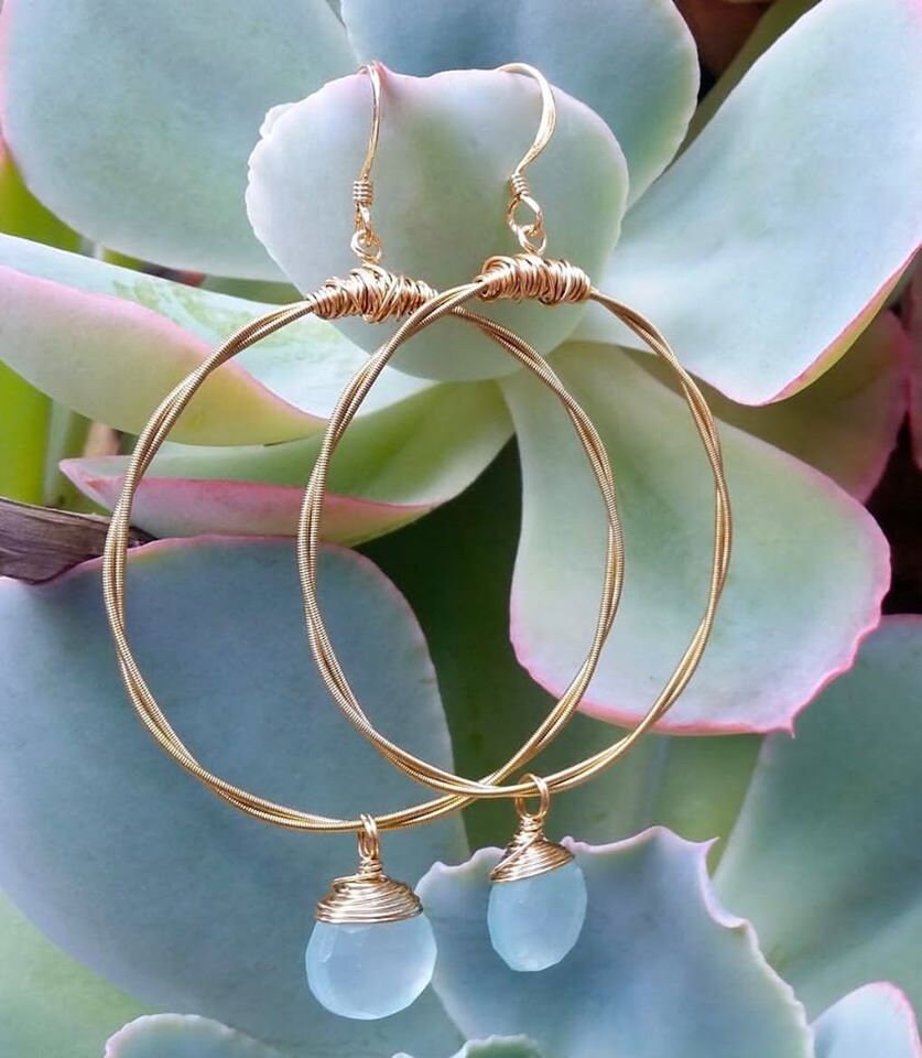 Guitar String Hoops- Choose Size & Gemstone (Shown: Turquoise /Large)- Gold Earrings- Dangle Earrings- Gemstone earrings- Light Earrings
