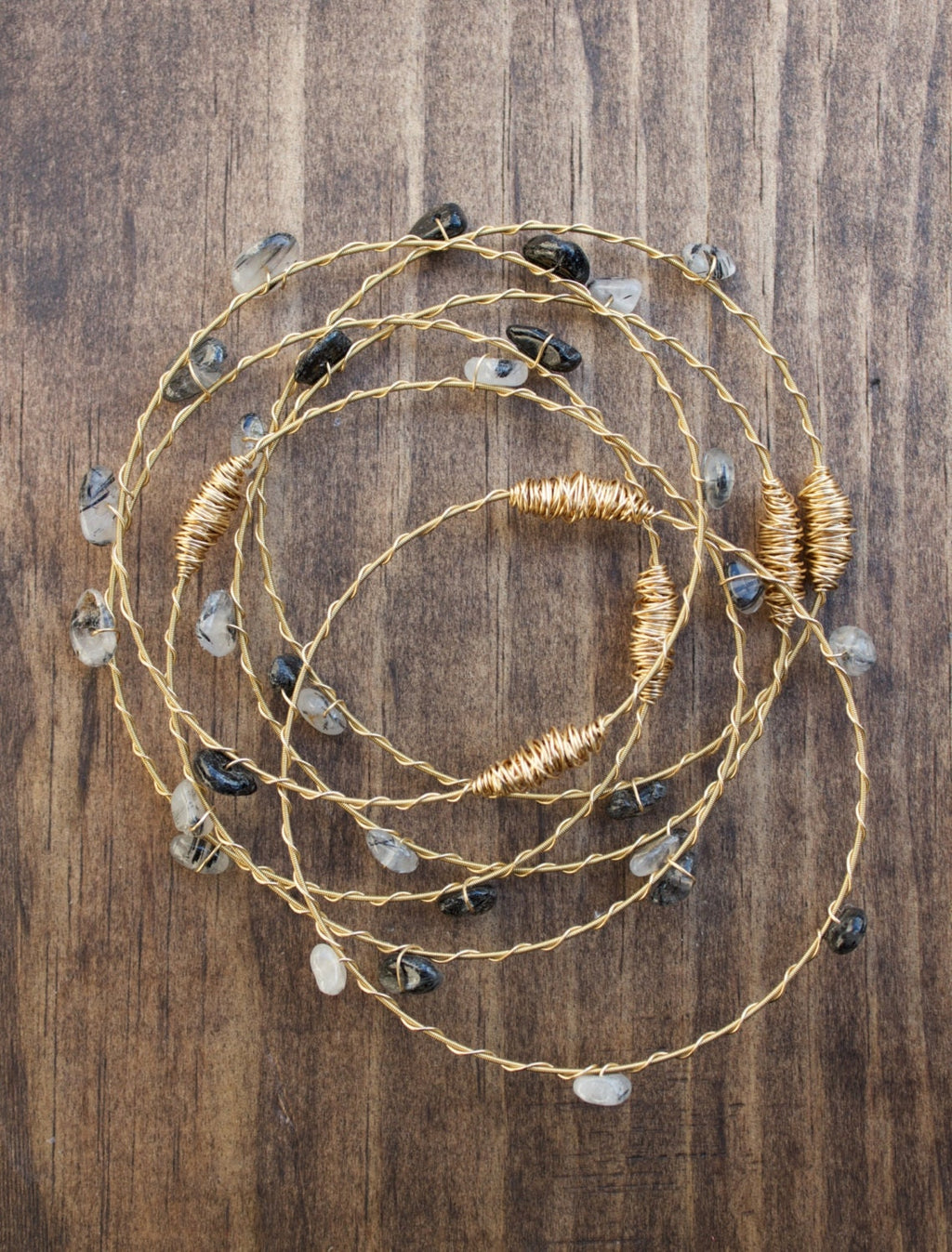 Recycled Guitar String Gemstone Bangles 3pc set- Fall Colors- Choose your Stone (Shown: Tourmalated Quartz)- Support New Orleans Musicians!