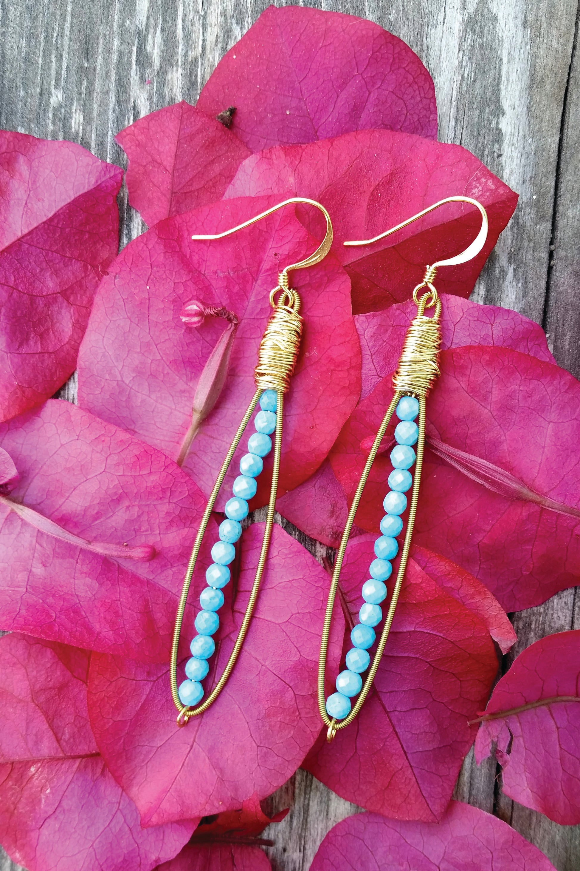 Skinnie Earrings- Made with Recycled Guitar Strings- Choose Gemstone (Shown: Moonstone)- Thin Gemstone Earring- Light Gemstone Earring