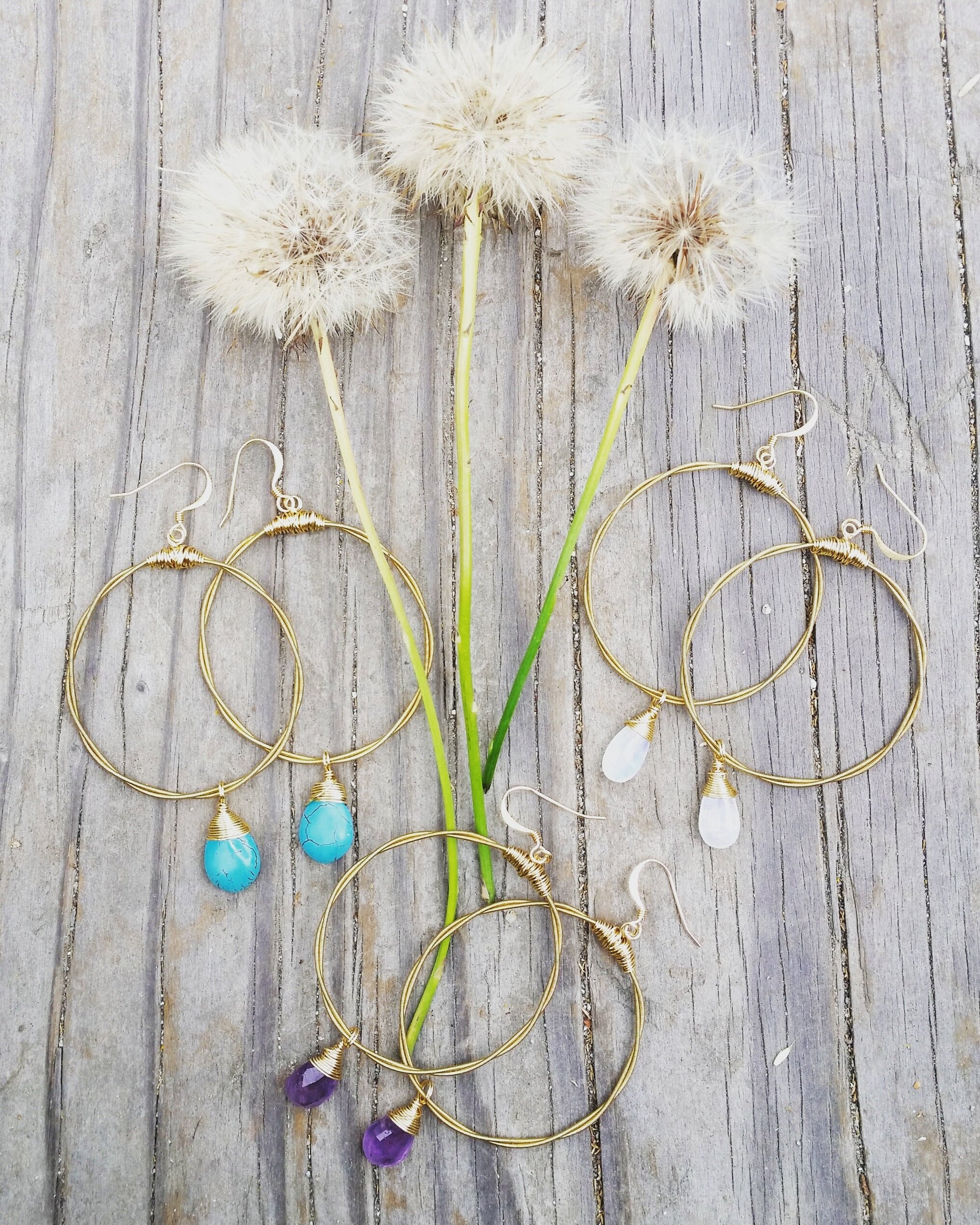 Guitar String Hoops- Choose Size & Gemstone (Shown: Moonstone/Small)- Recycled Boho Chic- gold earrings- dangle earrings- gemstone