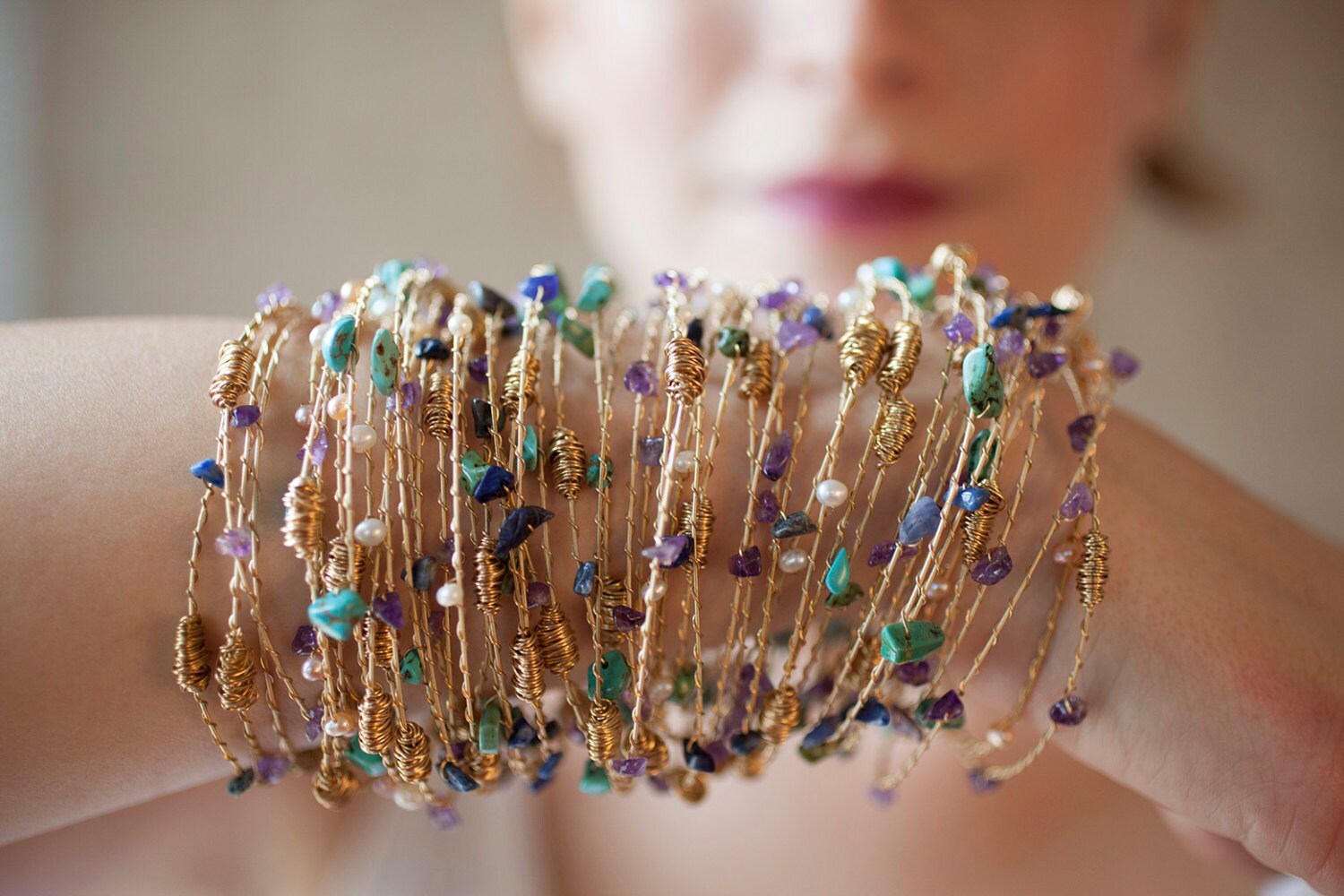 Guitar String Bracelets- White Freshwater Pearls 3-Piece Bangle Bracelet Set made with Recycled Guitar Strings