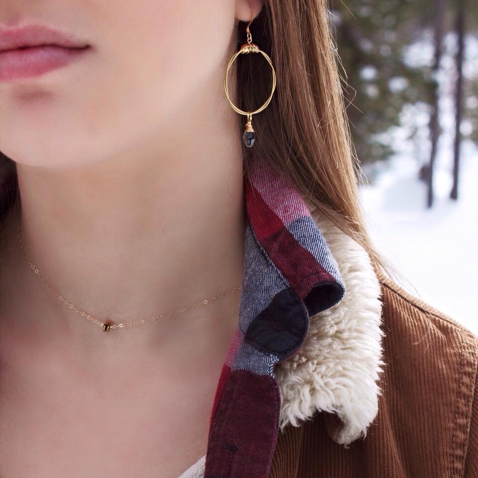 Guitar String Hoops- Choose Size & Gemstone (Shown: Moonstone/Small)- Recycled Boho Chic- gold earrings- dangle earrings- gemstone