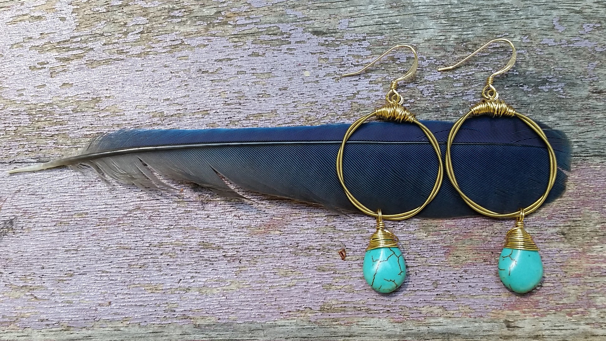 Guitar String Hoop Earrings- Choose your Size and Gemstone (Shown: Turquoise/Small)- Handmade out of Recycled Guitar Strings from NOLA