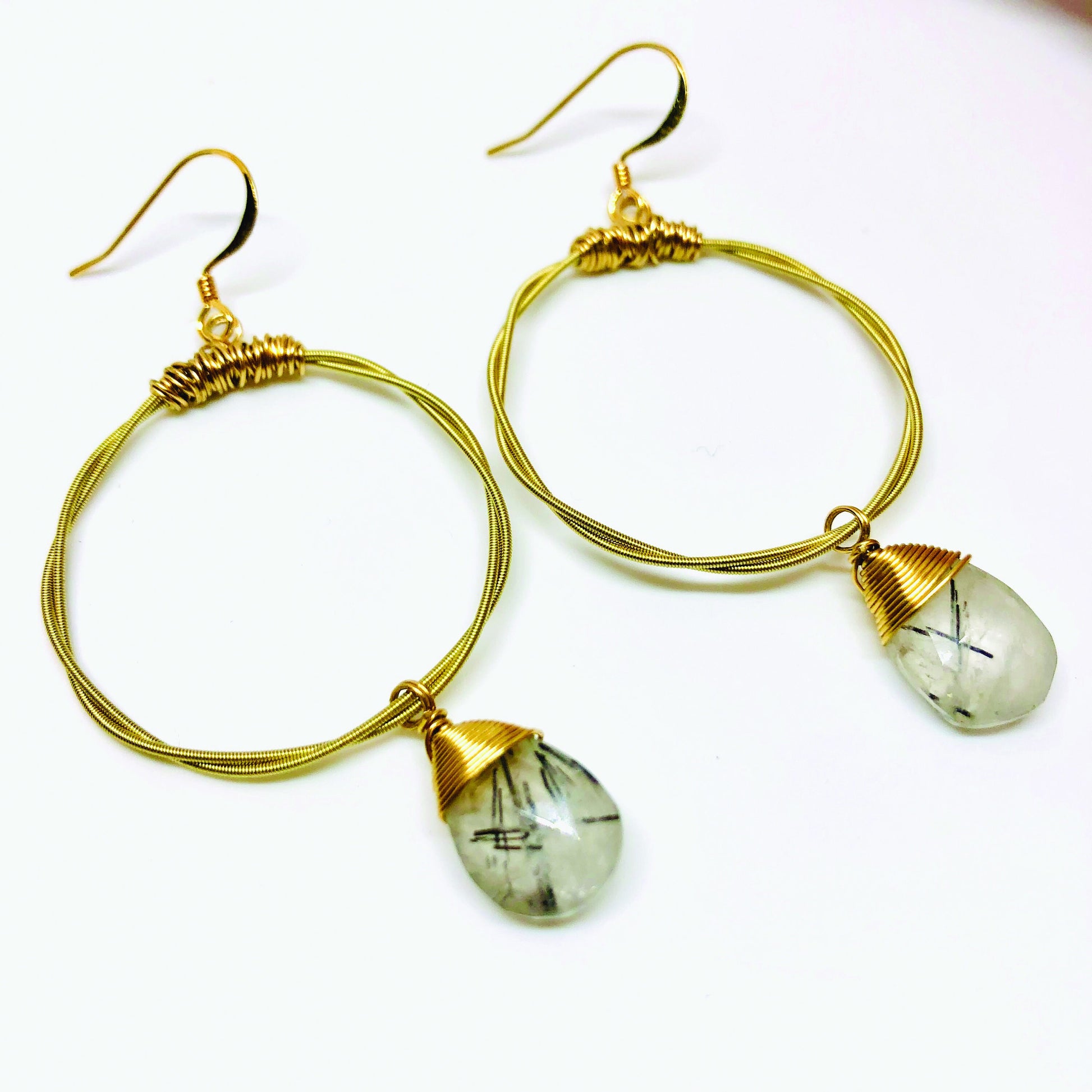 Guitar String Hoops- Choose your Size and Gemstone- Recycled Boho Chic- Semi-Precious Stone Hoop- Gold Hoop- Light Weight Hoop- Dangle Hoop