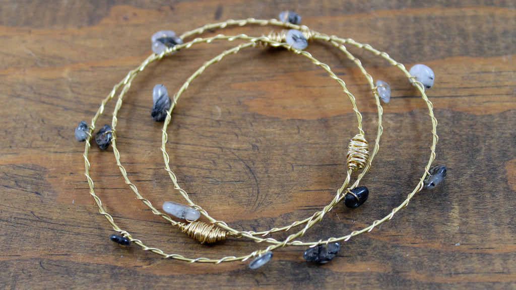 Recycled Guitar String Gemstone Bangles 3pc set- Fall Colors- Choose your Stone (Shown: Tourmalated Quartz)- Support New Orleans Musicians!