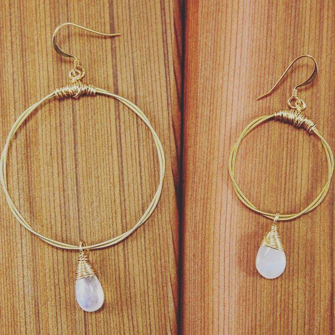 Guitar String Hoops- Choose Size & Gemstone (Shown: Moonstone/Small)- Recycled Boho Chic- gold earrings- dangle earrings- gemstone