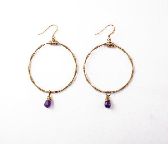 Guitar String Hoops- Choose your Size and Gemstone- Recycled Boho Chic- Semi-Precious Stone Hoop- Gold Hoop- Light Weight Hoop- Dangle Hoop