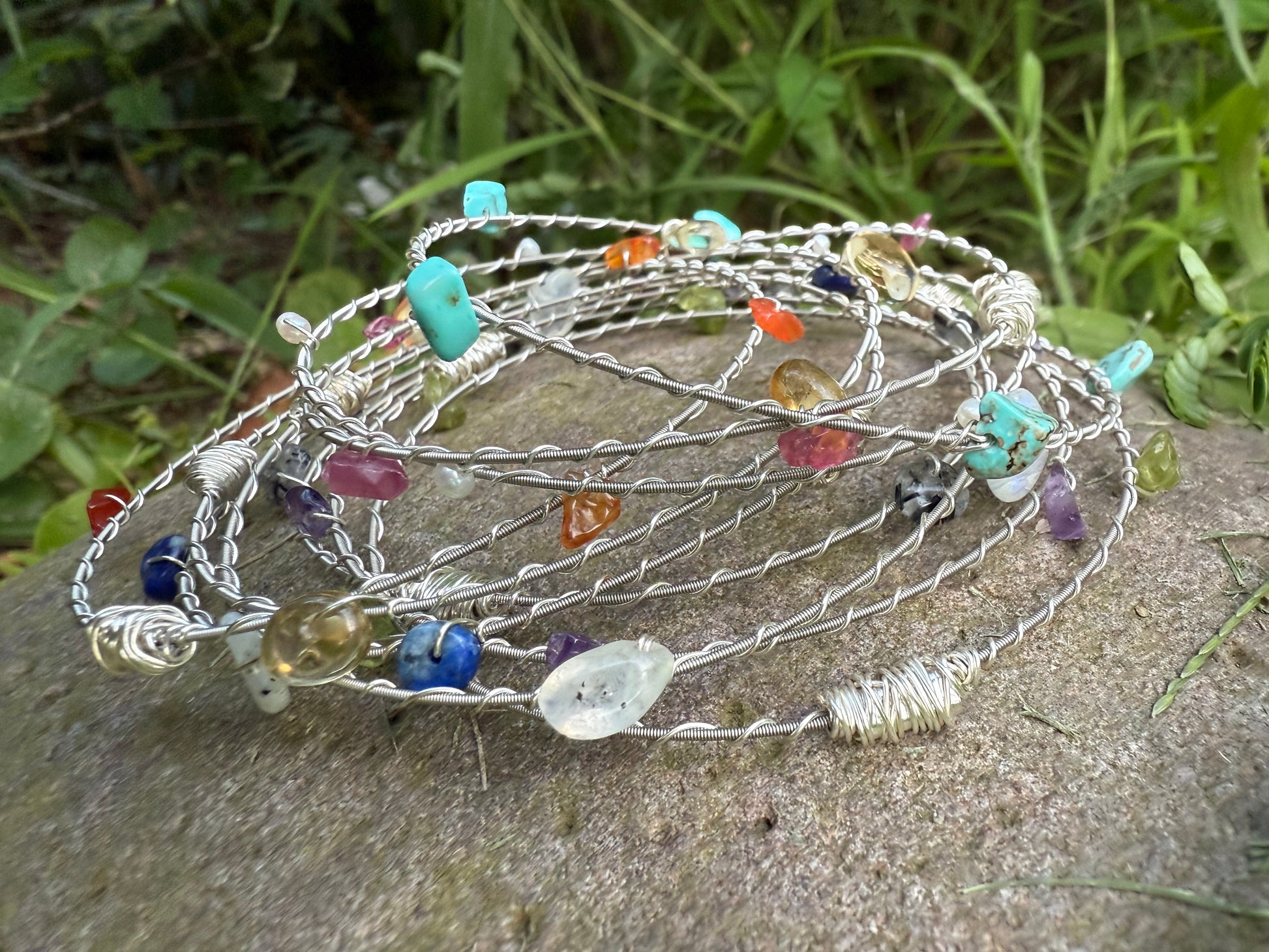 3 piece Gemstone Bangle Set in Silver