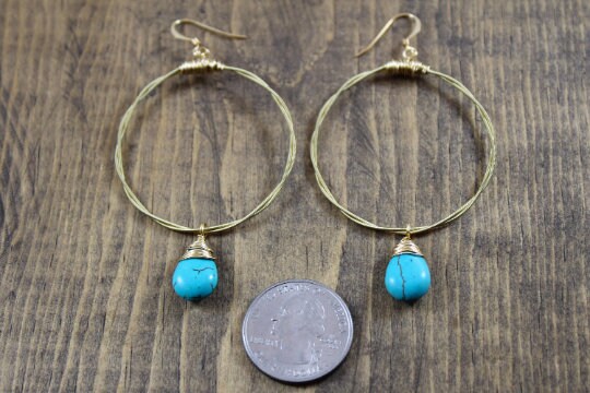 Guitar String Hoops- Choose your Size and Gemstone- Recycled Boho Chic- Semi-Precious Stone Hoop- Gold Hoop- Light Weight Hoop- Dangle Hoop