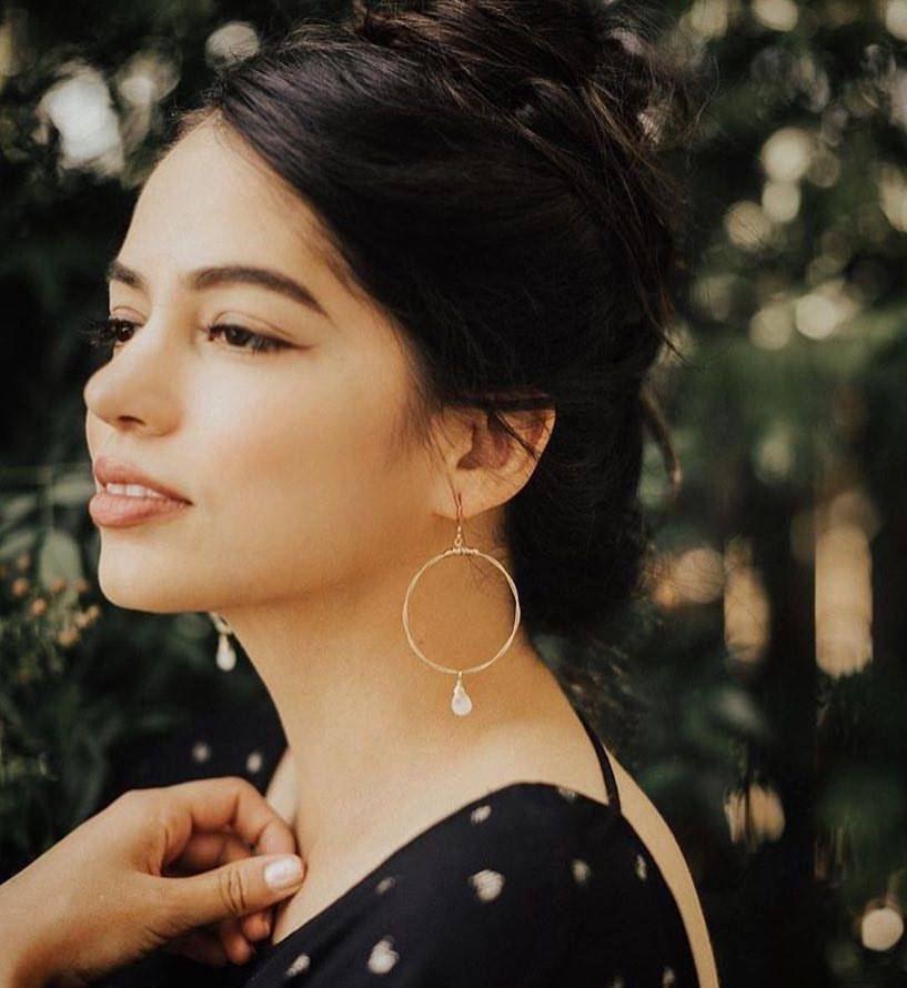 Guitar String Hoops- Choose Size & Gemstone (Shown: Moonstone/Small)- Recycled Boho Chic- gold earrings- dangle earrings- gemstone