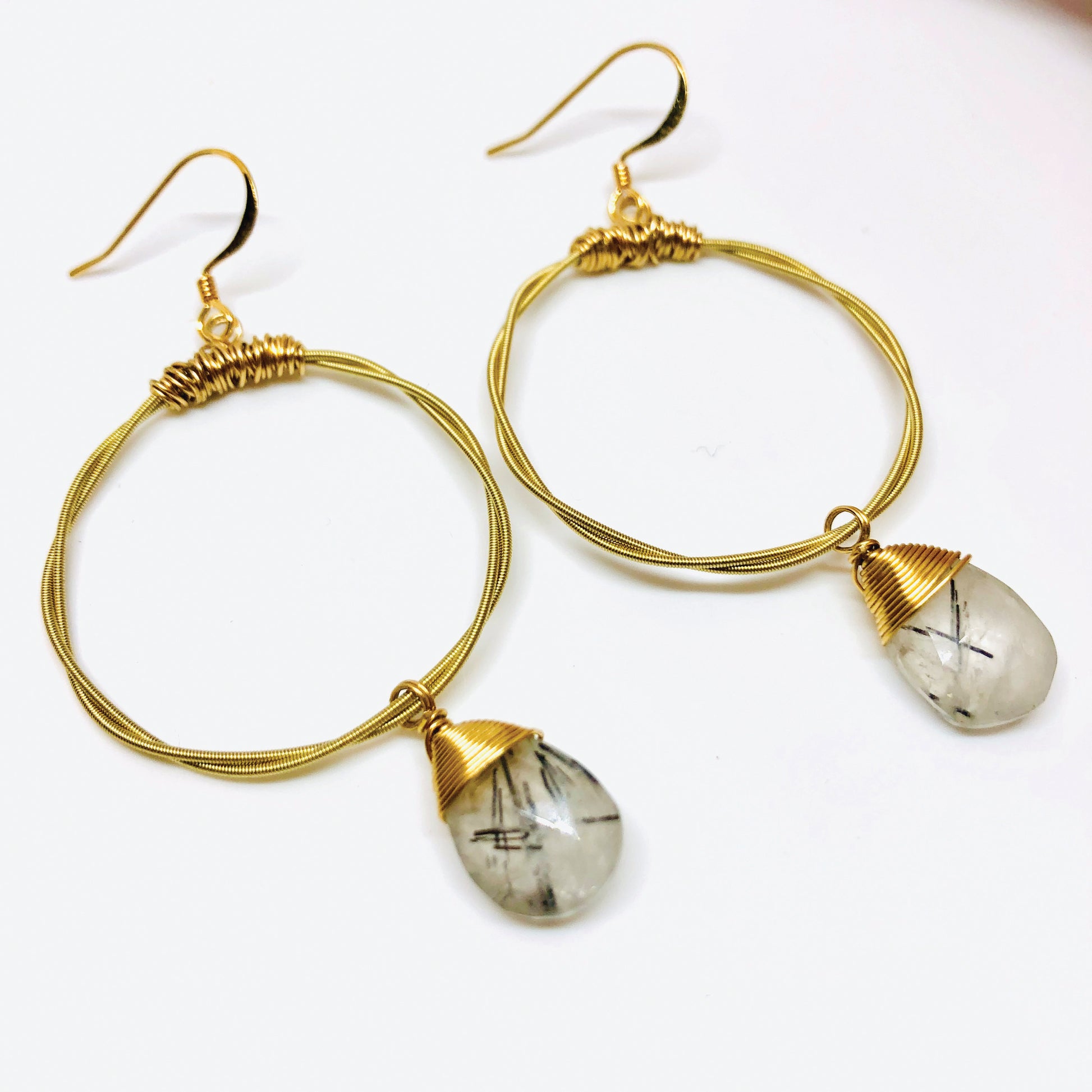 Guitar String Hoops- Choose Size & Gemstone (Shown: Moonstone/Small)- Recycled Boho Chic- gold earrings- dangle earrings- gemstone