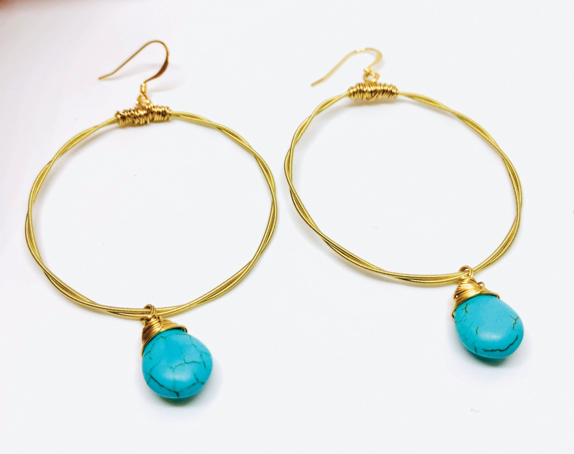 Guitar String Hoops- Choose your Size and Gemstone- Recycled Boho Chic- Semi-Precious Stone Hoop- Gold Hoop- Light Weight Hoop- Dangle Hoop