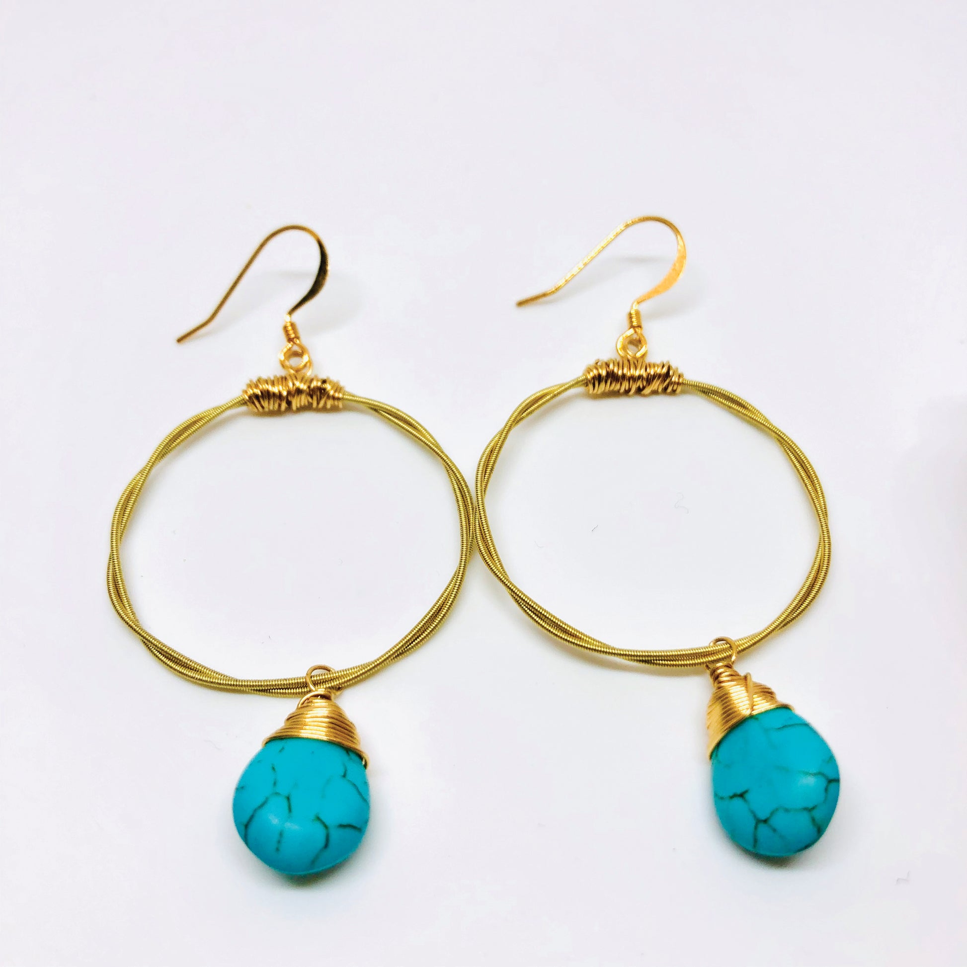 Guitar String Hoops- Choose your Size and Gemstone- Recycled Boho Chic- Semi-Precious Stone Hoop- Gold Hoop- Light Weight Hoop- Dangle Hoop