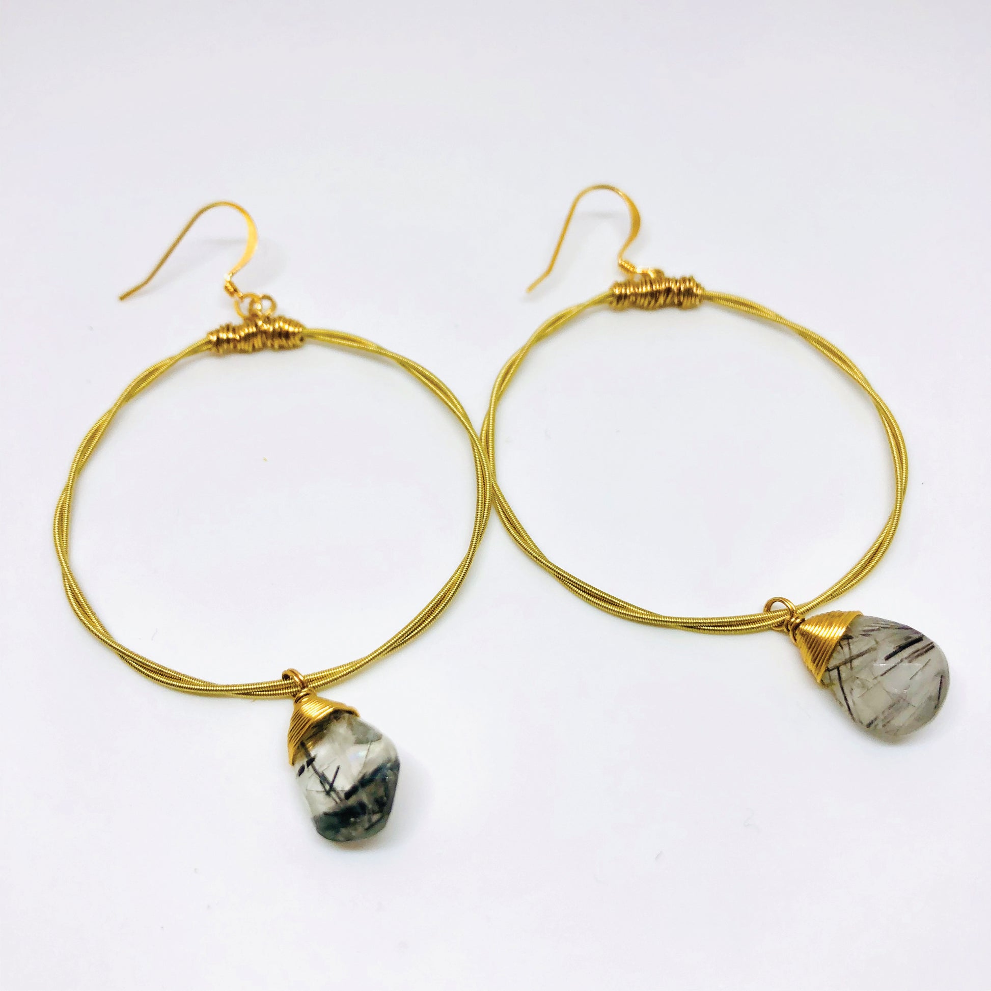 Guitar String Hoops- Choose Size & Gemstone (Shown: Moonstone/Small)- Recycled Boho Chic- gold earrings- dangle earrings- gemstone