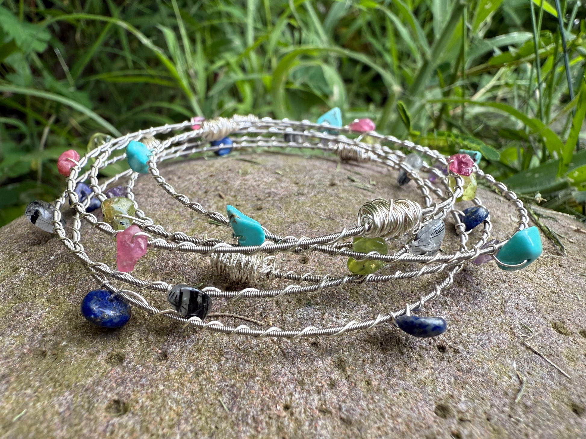 3 piece Gemstone Bangle Set in Silver