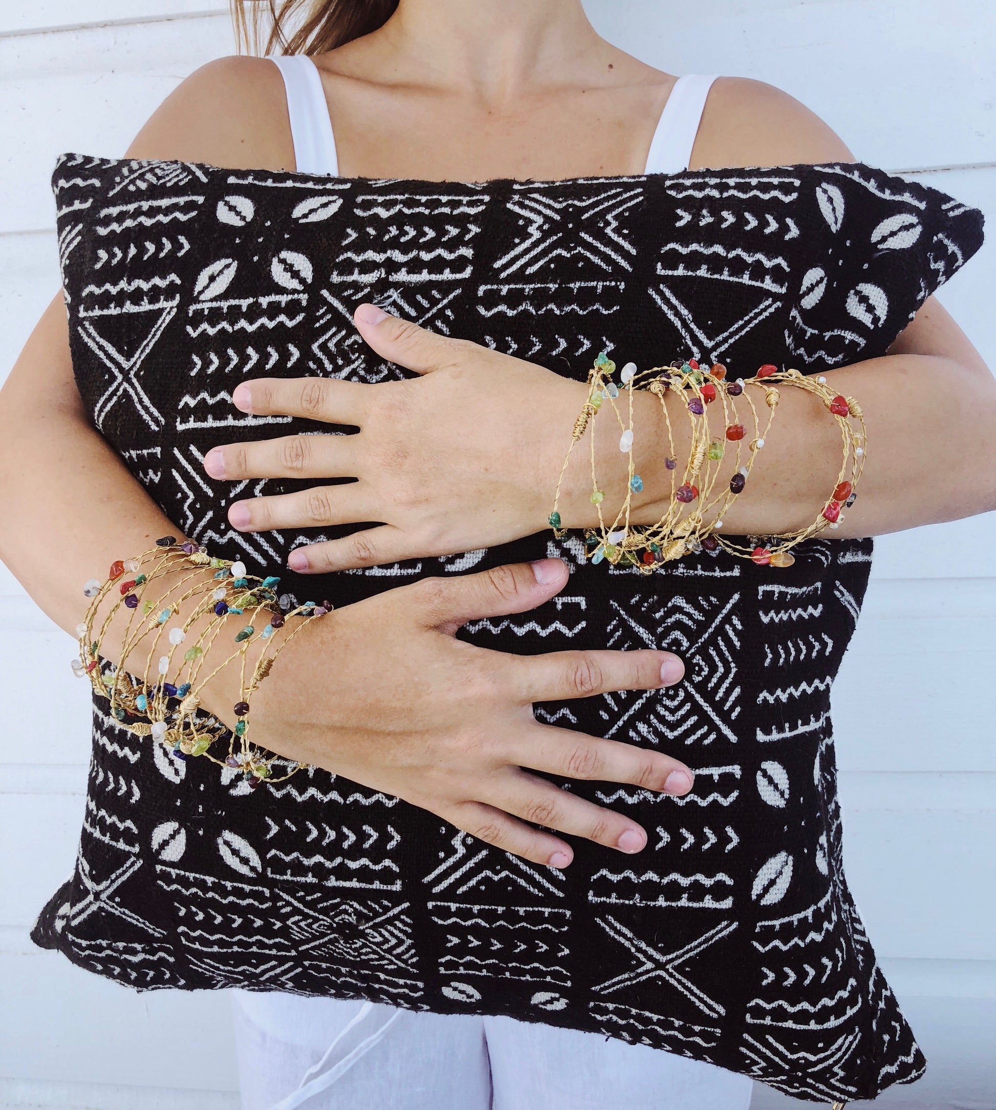 6pc Recycled Guitar String Gemstone Bangle Set