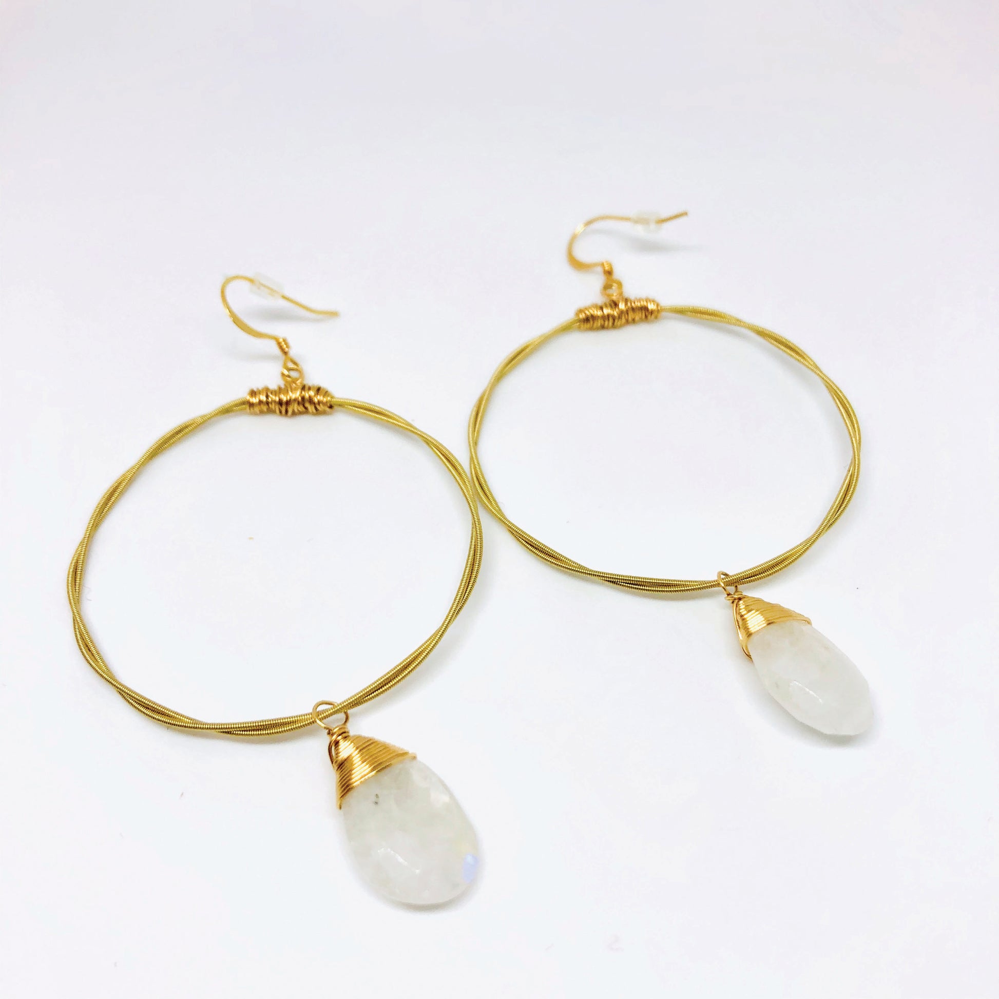 Guitar String Hoops- Choose Size & Gemstone (Shown: Moonstone/Small)- Recycled Boho Chic- gold earrings- dangle earrings- gemstone