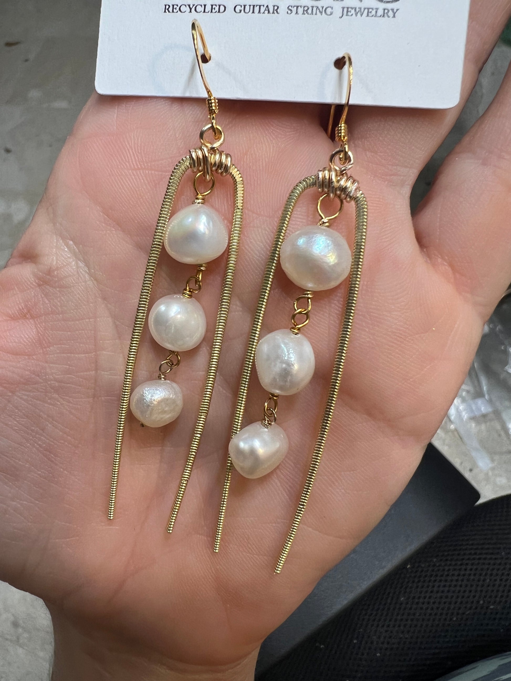 Freshwater Pearl and Hand Hammered Guitar String Earrings