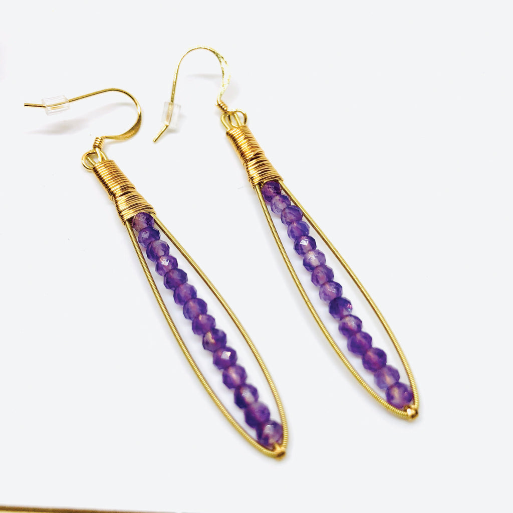 Skinnie Earrings- Made with Recycled Guitar Strings- Choose Gemstone (Shown: Moonstone)- Thin Gemstone Earring- Light Gemstone Earring