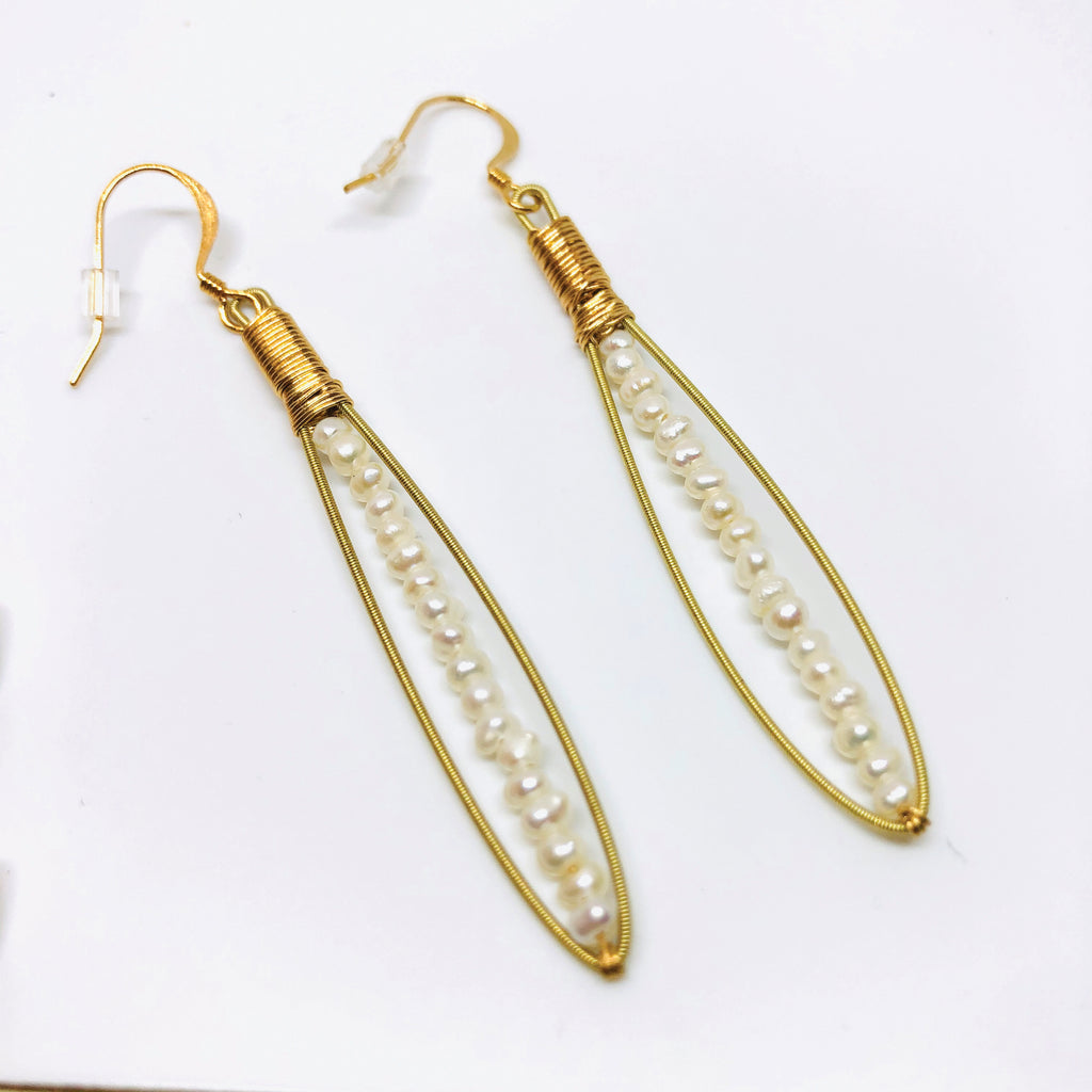 Skinnie Earrings- Made with Recycled Guitar Strings- Choose Gemstone (Shown: Moonstone)- Thin Gemstone Earring- Light Gemstone Earring