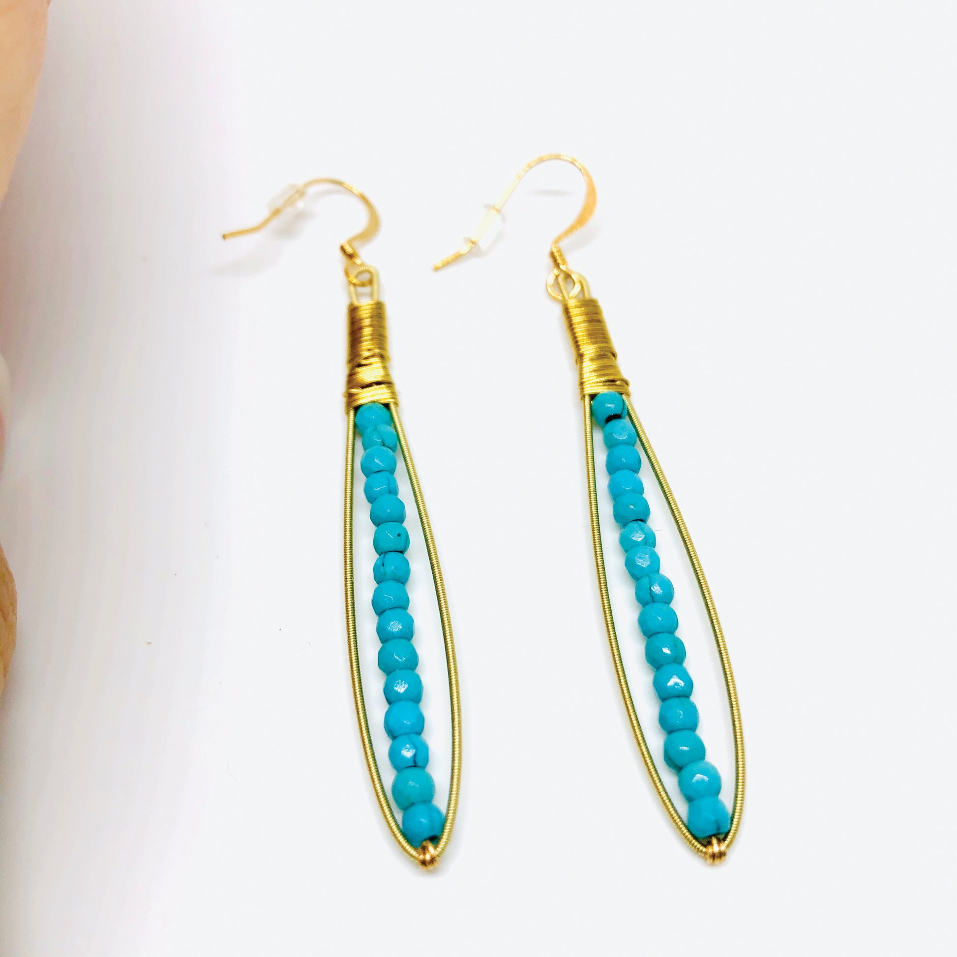Skinnie Earrings- Made with Recycled Guitar Strings- Choose Gemstone (Shown: Moonstone)- Thin Gemstone Earring- Light Gemstone Earring