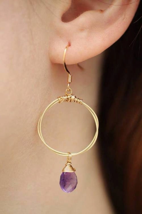 Guitar String Hoop Earrings- Choose your Size and Gemstone (Shown: Turquoise/Small)- Handmade out of Recycled Guitar Strings from NOLA