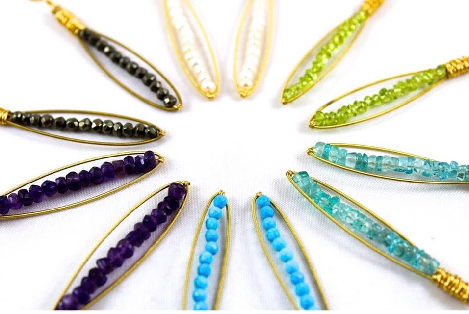 Skinnie Earrings- Made with Recycled Guitar Strings- Choose Gemstone (Shown: Moonstone)- Thin Gemstone Earring- Light Gemstone Earring