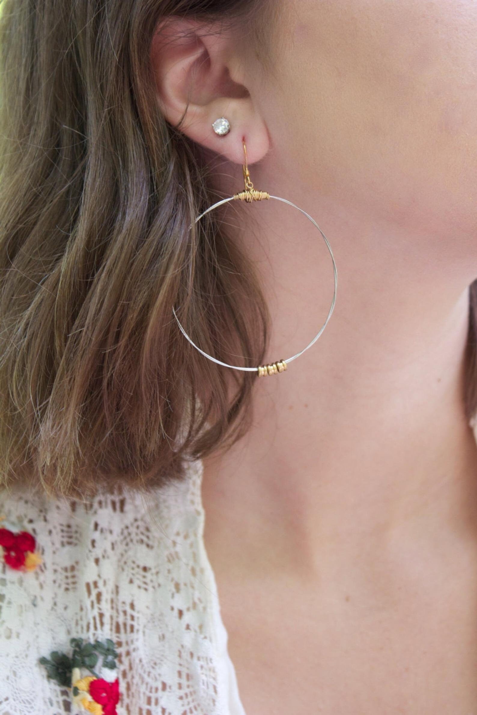 Karma Hoops- Made with Recycled Guitar String- Pick Large or Small Size- Restrung Jewelry-  Mixed Metal Hoops- Light Hoops- Big Hoops