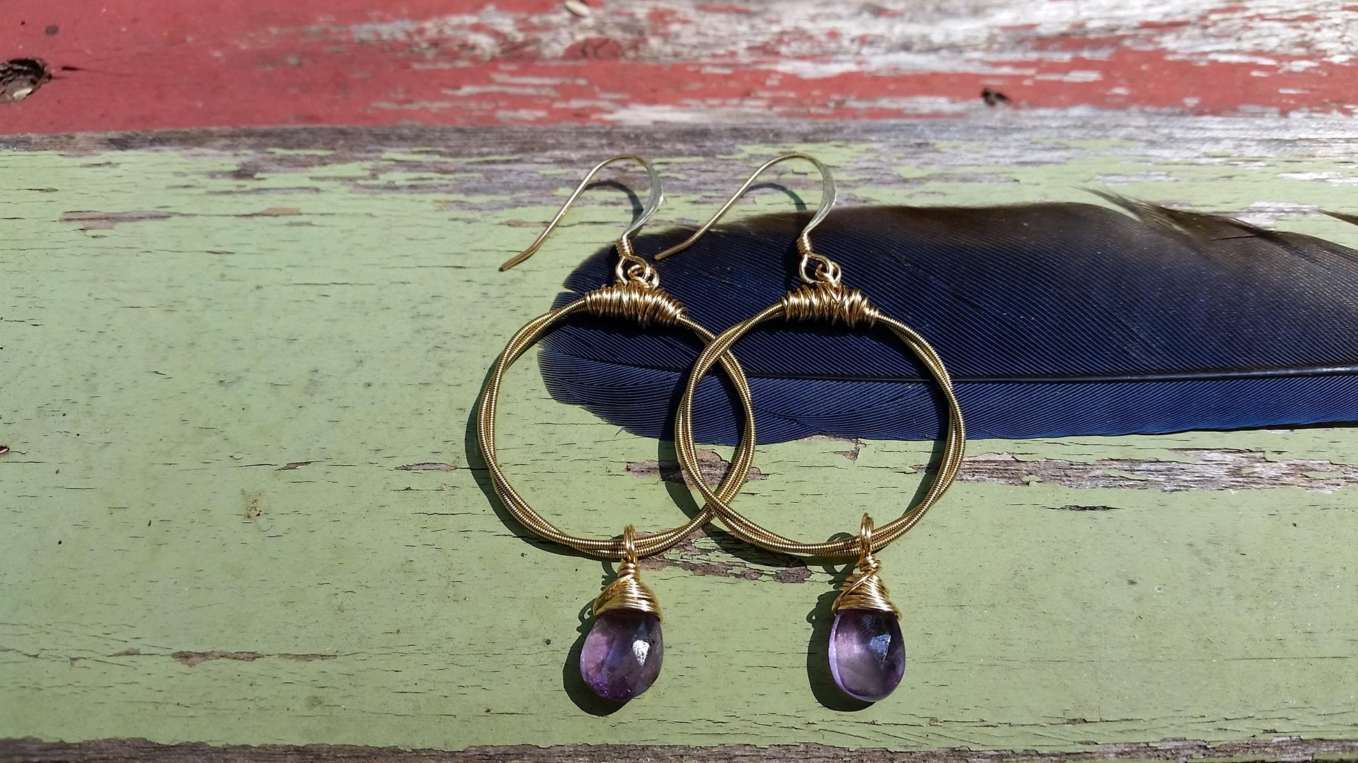 Guitar String Hoop Earrings- Choose your Size and Gemstone (Shown: Turquoise/Small)- Handmade out of Recycled Guitar Strings from NOLA
