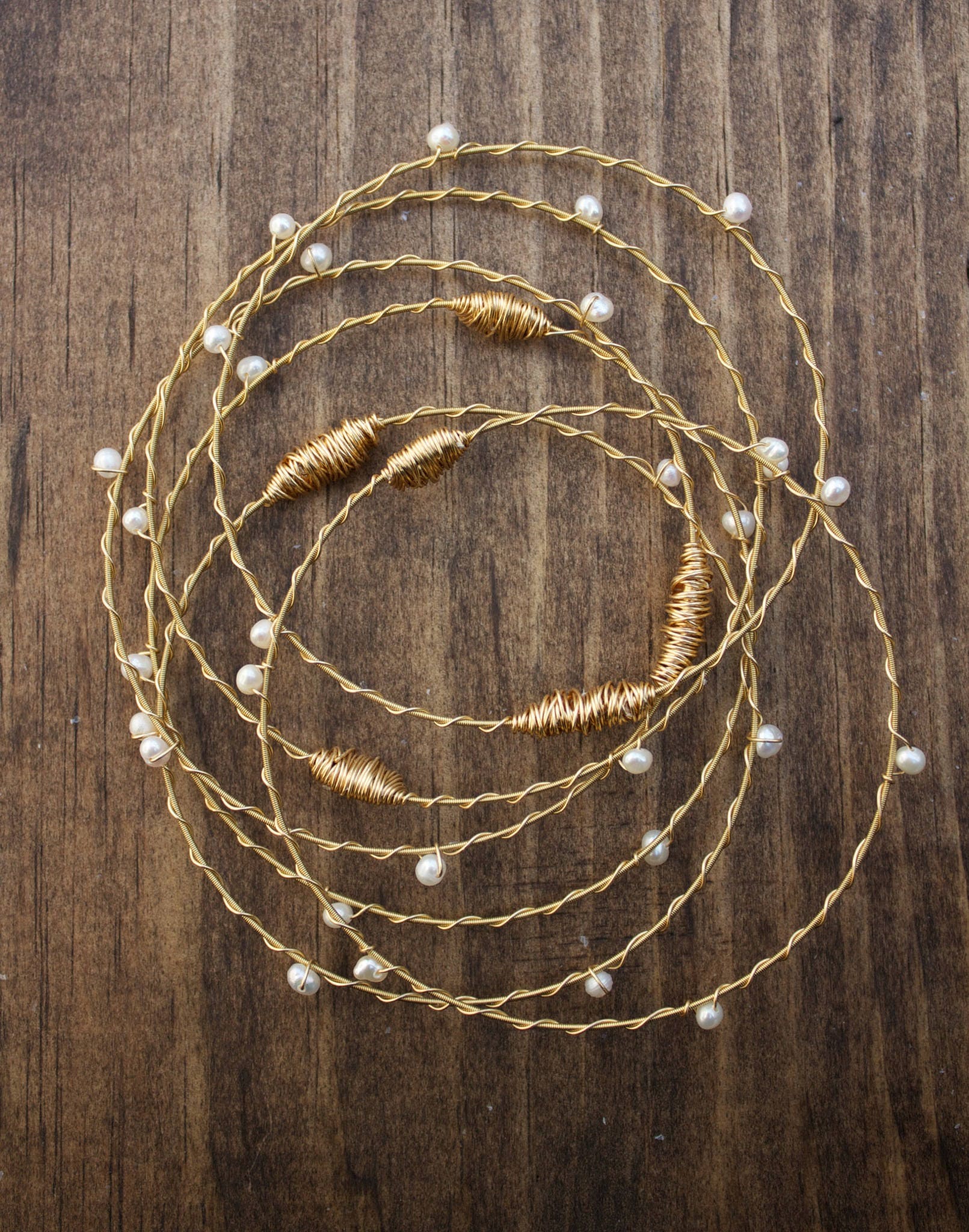 Guitar String Bracelets- White Freshwater Pearls 3-Piece Bangle Bracelet Set made with Recycled Guitar Strings