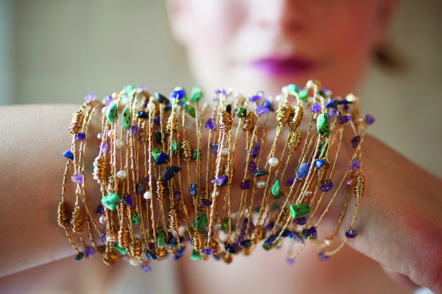Lapis Bangles 3pc Set- Made From Recycled Guitar Strings from New Orleans- Choose Your Own Ston