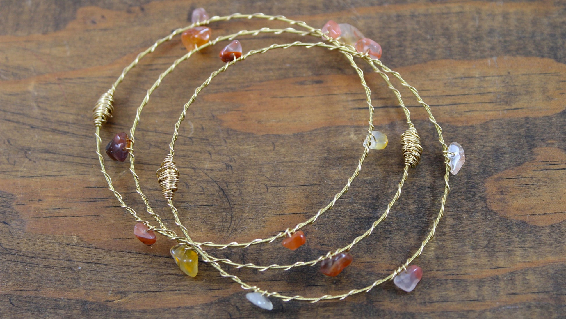 Recycled Guitar String Gemstone Bangles 3pc set- Fall Colors- Choose your Stone (Shown: Carnelian)- Support New Orleans Musicians!