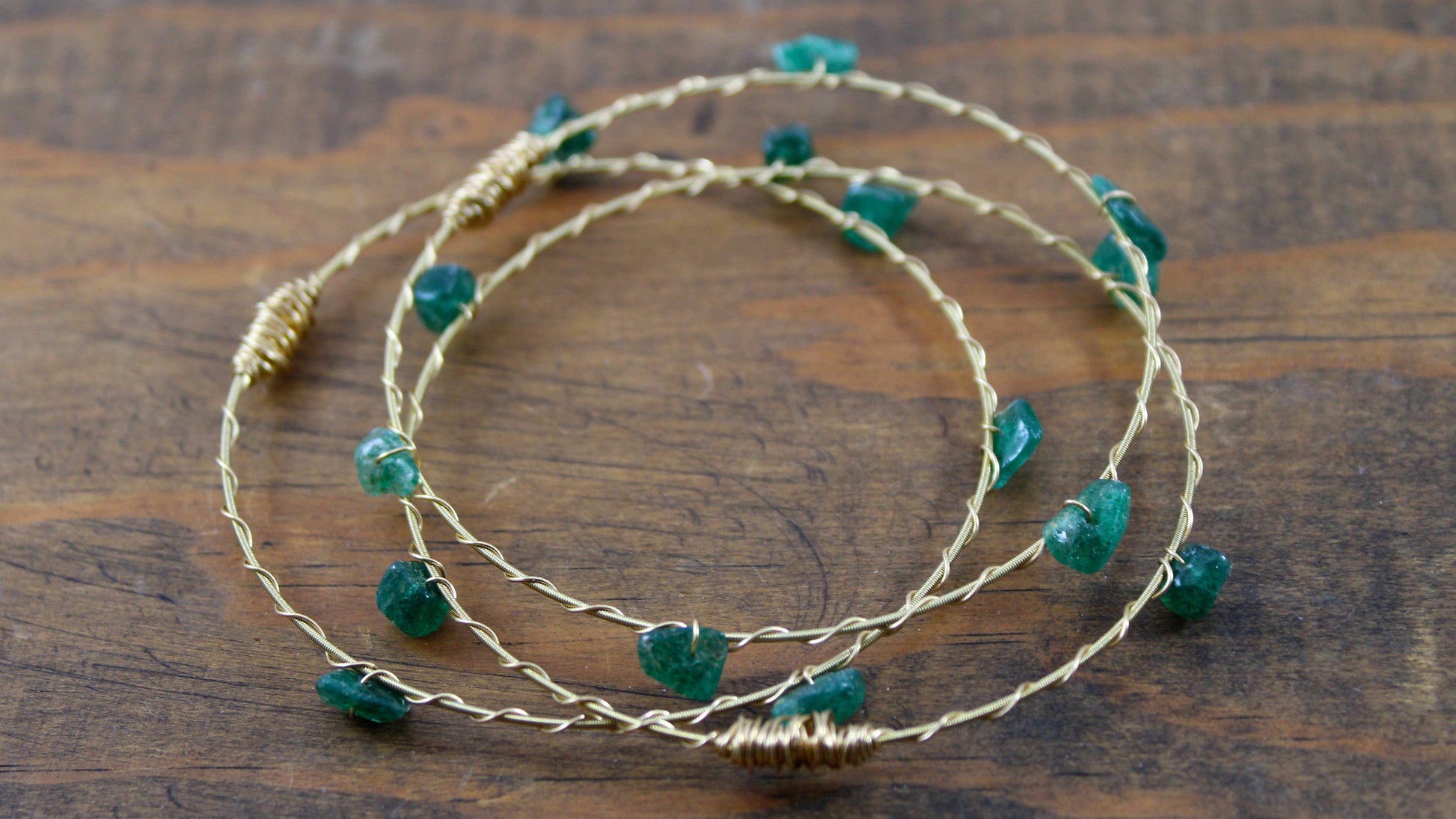 Recycled Guitar String Gemstone Bangles 3pc set- Fall Colors- Choose your Stone (Shown: Aventurine)- Support New Orleans Musicians!
