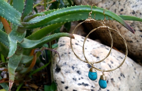 Guitar String Hoops- Choose Size & Gemstone (Shown: Turquoise /Large)- Gold Earrings- Dangle Earrings- Gemstone earrings- Light Earrings