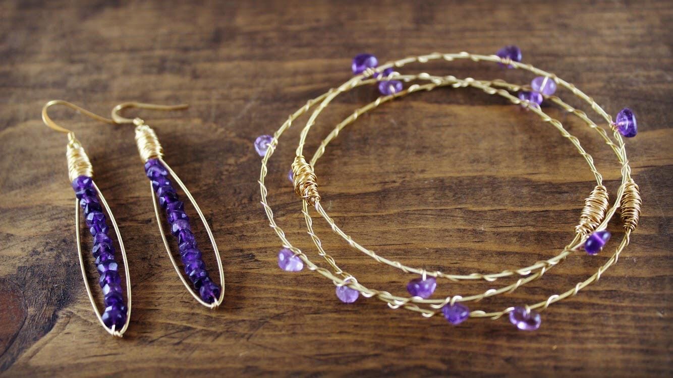 Birthstone of the Month Bangles- Made with Recycled Guitar Strings. Choose your favorite stones!