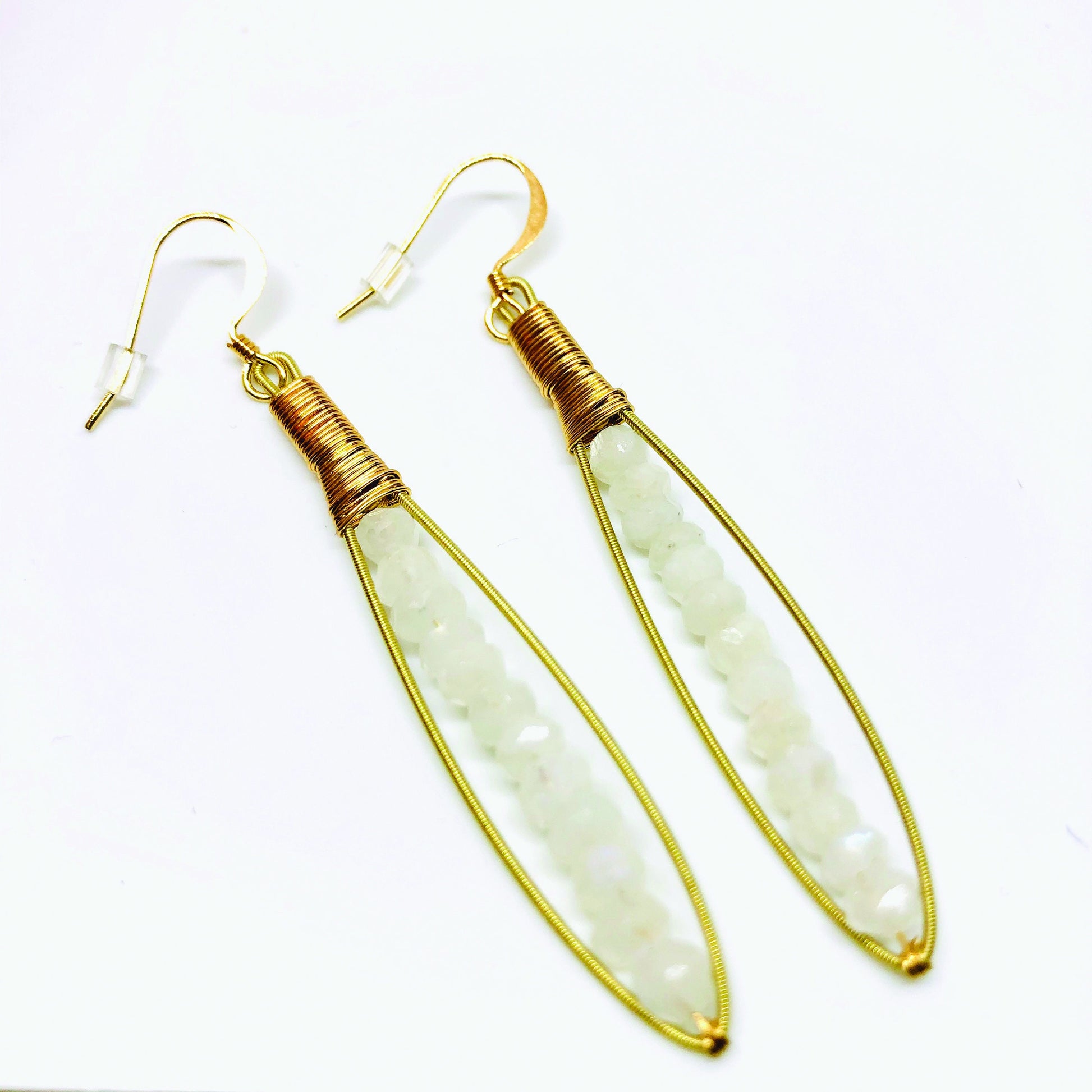 Skinnie Earrings- Made with Recycled Guitar Strings- Choose Gemstone (Shown: Moonstone)- Thin Gemstone Earring- Light Gemstone Earring